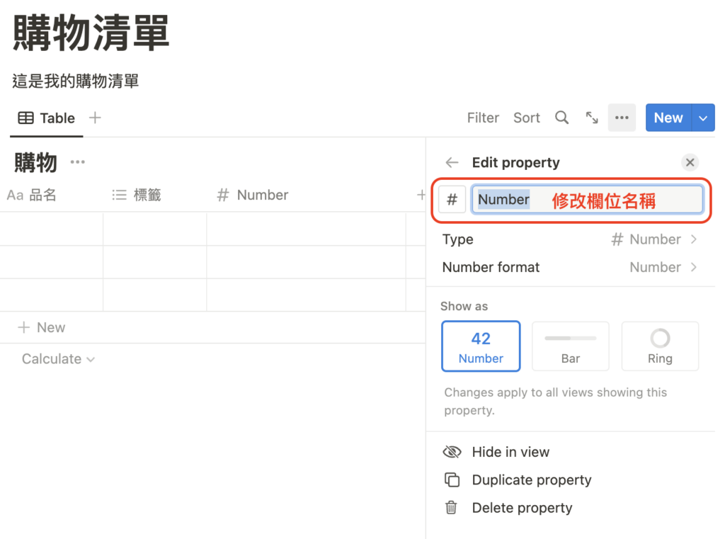 （ Notion101 ）選擇 Number 後輸入欄位名稱