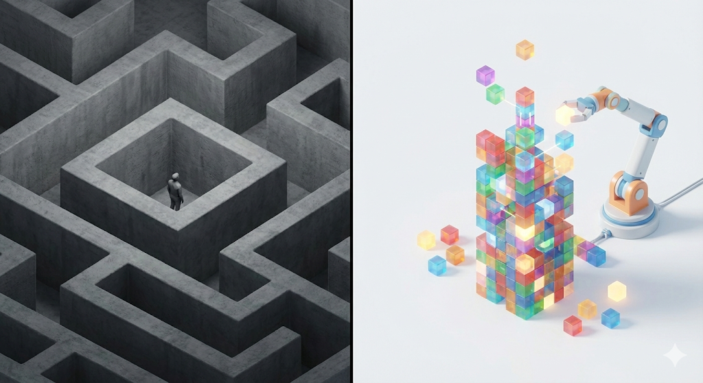 【拒絕混凝土牆】 傳統的檔案管理像水泥隔間，限制了思考的流動； AI 知識庫 則像樂高，隨時能為了新的專案重新組建。