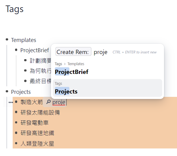 在專案上把模板當作標籤打上去，只要打##後打P，通常就跳出 ProjectBrief 了。