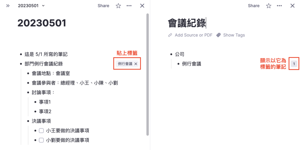 RemNote 用標籤更靈活，左邊是把會議紀錄寫在今日日誌中，右邊新增一個「例行會議」的標籤，再幫會議紀錄貼標籤