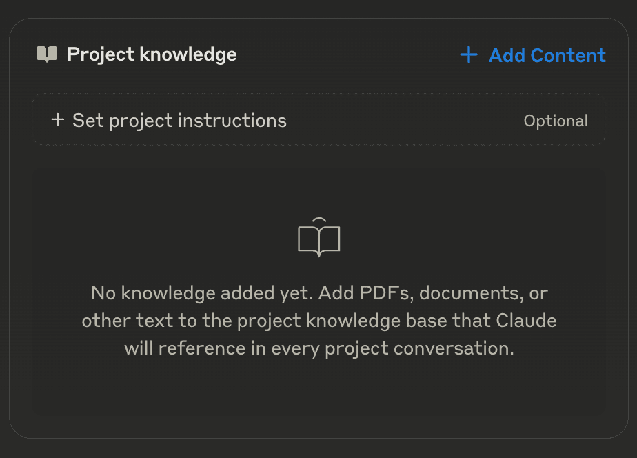 
- 在 Claude 開個新專案,右方有 Project knowledge 欄,輸入 project instructions 和把檔案用 Add Content 提供給它, AI Chat 做法都差不多是這樣