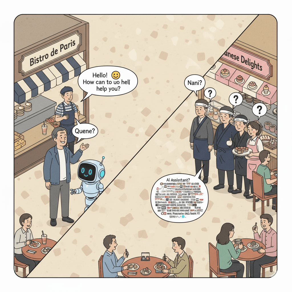 美食街老闆發現問題，為了複雜點餐買了機器人（AI），把複雜點餐要求說給它聽，它會很勤快的幫你完成點餐。啊！還不行，因為每家餐廳的點餐法都不同，他們聽不懂 AI 說什麼！