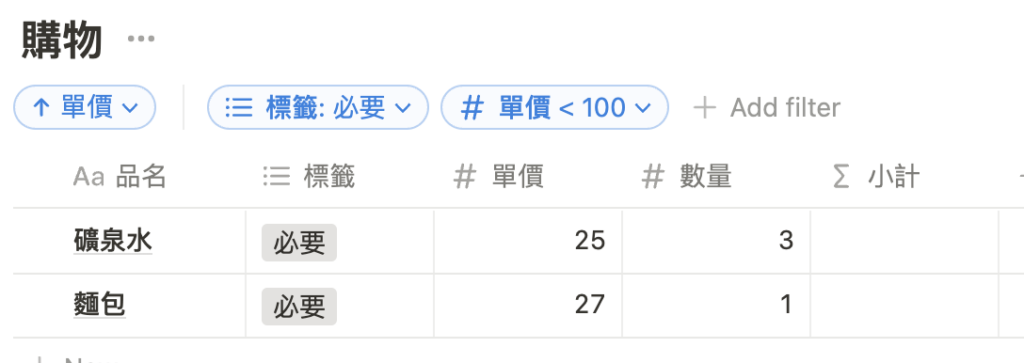 （ Notion101 ）可以有不只一個篩選，比如我只列出單價低於 100 元的選項，200 元的「白米」就消失了。