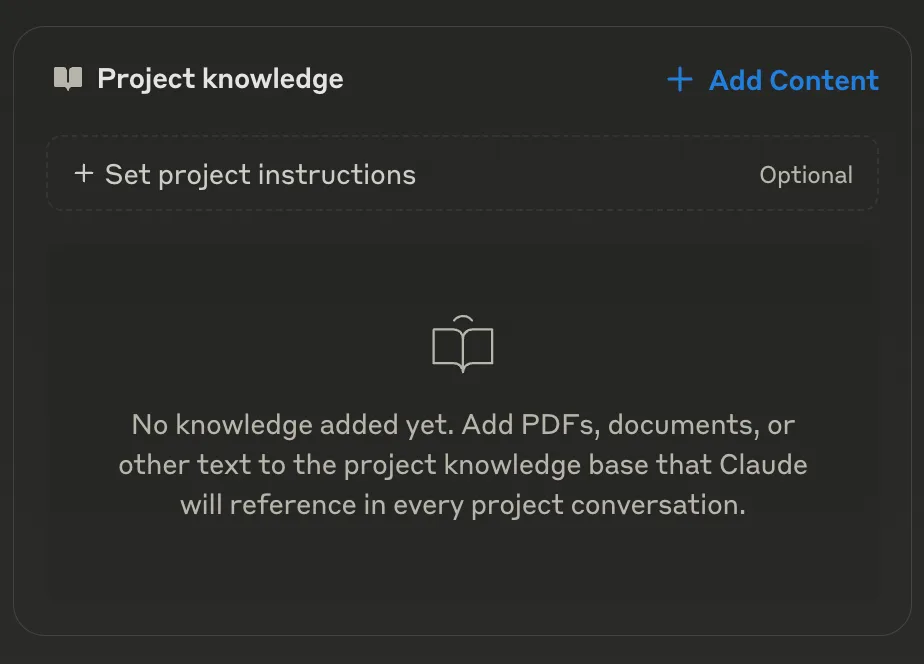 在 Claude 開個新專案,右方有 Project knowledge 欄,輸入 project instructions 和把檔案用 Add Content 提供給它, AI Chat 做法都差不多是這樣